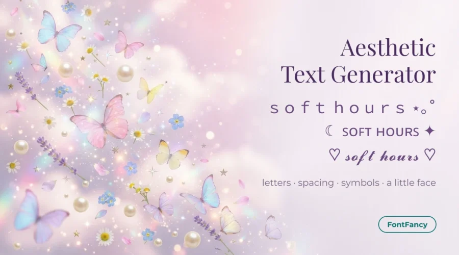 Aesthetic text generator banner showing soft hours in fullwidth, small caps and script letters with soft symbols