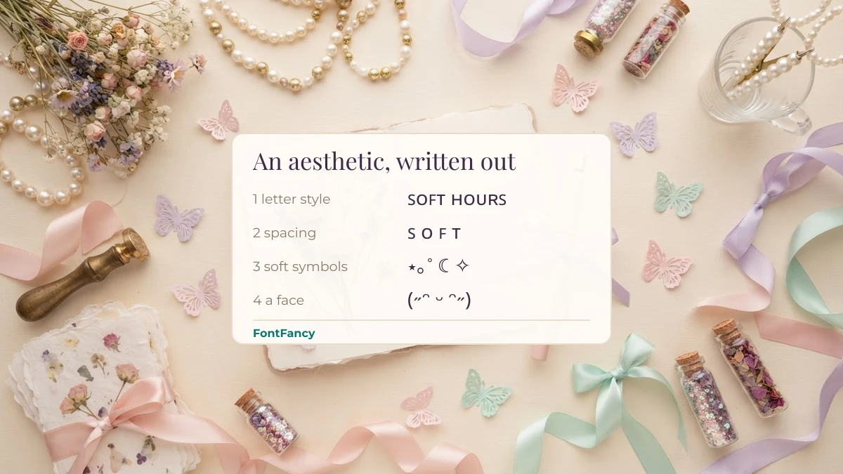 Aesthetic text recipe card listing letter style, spacing, soft symbols and a kaomoji face