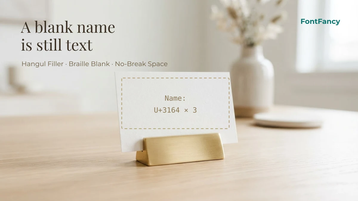 Blank name card showing that an invisible name is made of Hangul Filler, Braille Pattern Blank or No-Break Space characters