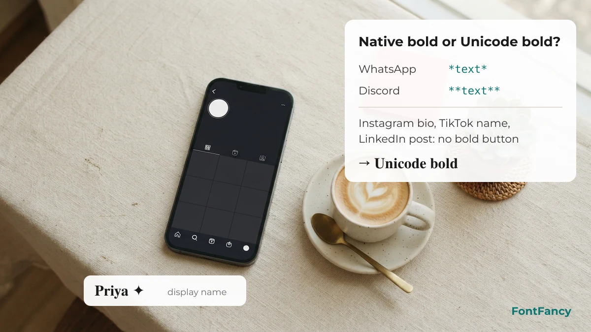Native bold formatting in WhatsApp and Discord compared with Unicode bold text for Instagram, TikTok and LinkedIn