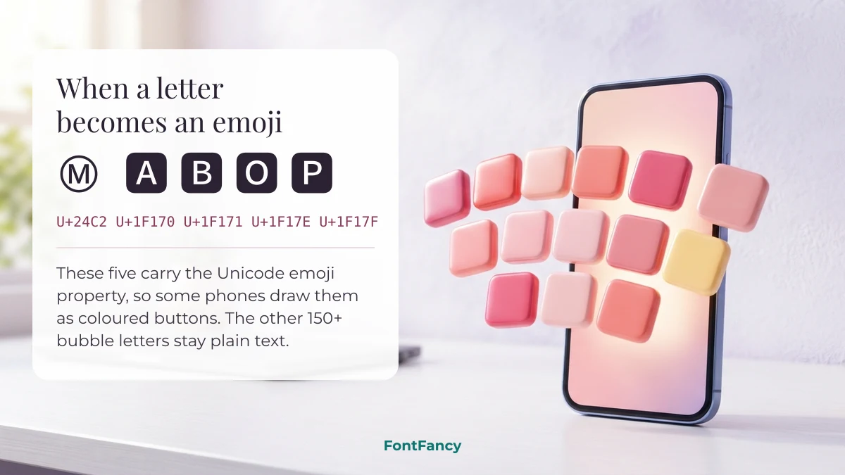 Circled M and filled square A, B, O and P bubble letters that some phones show as emoji buttons