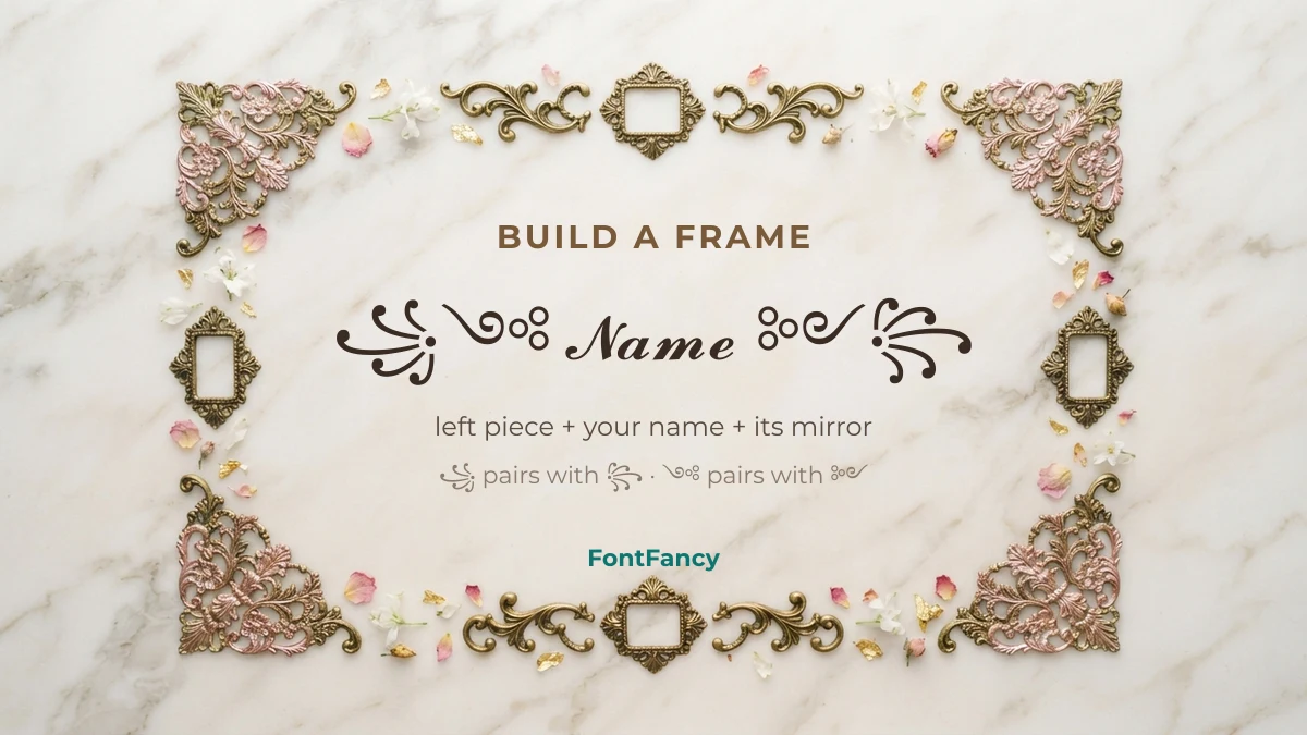 How to build a decorative name frame: a left bracket symbol, the name, and its mirrored right bracket