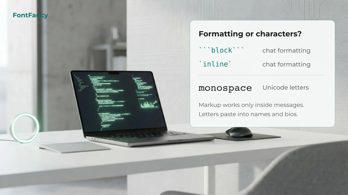 Chat code formatting with backticks compared with Unicode monospace letters for names and bios
