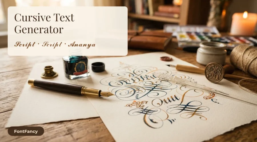 Cursive text generator banner with script and bold script letters on a calligraphy desk