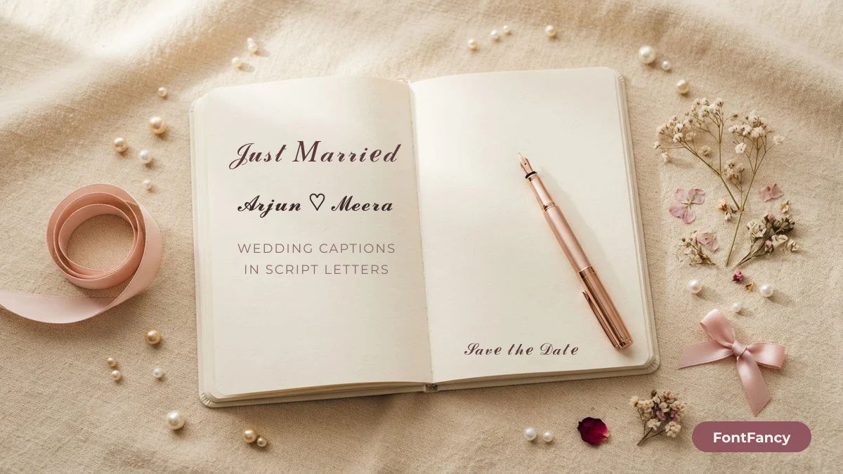 Cursive script wedding captions Just Married and Save the Date written in Unicode script letters