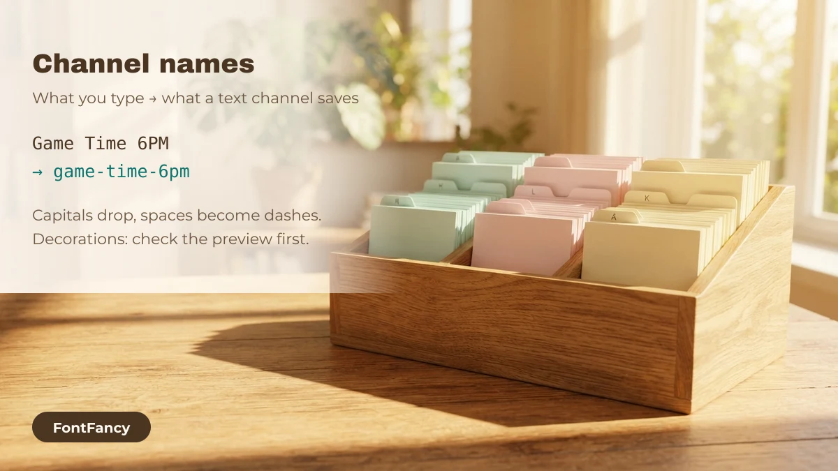 How Discord text channel names change capitals and spaces, with decorated channel dividers