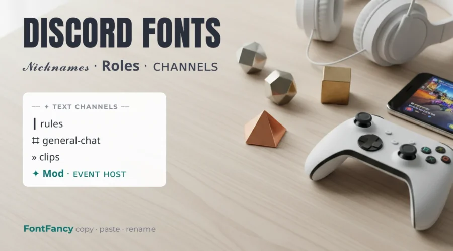 Discord fonts banner with a nickname, role and text channel list in fancy Unicode styles