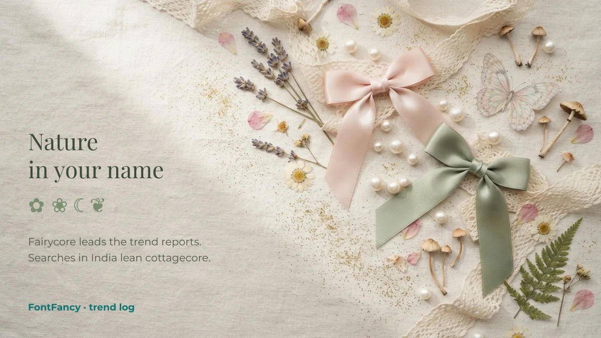 Fairycore and cottagecore nature text symbols for names with ribbons, lace, pearls and pressed flowers