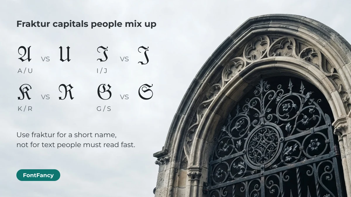 Gothic fraktur capitals A and U, I and J, K and R, G and S that readers often mix up