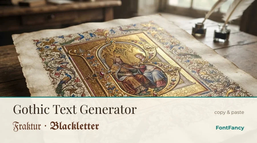 Gothic text generator banner with Unicode fraktur and bold fraktur samples on an illuminated manuscript