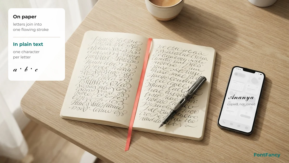Joined handwriting on paper compared with Unicode script letters copied one character at a time on a phone