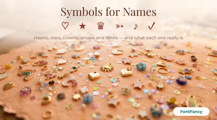 Heart, star, crown, arrow, music note and check mark symbols for names
