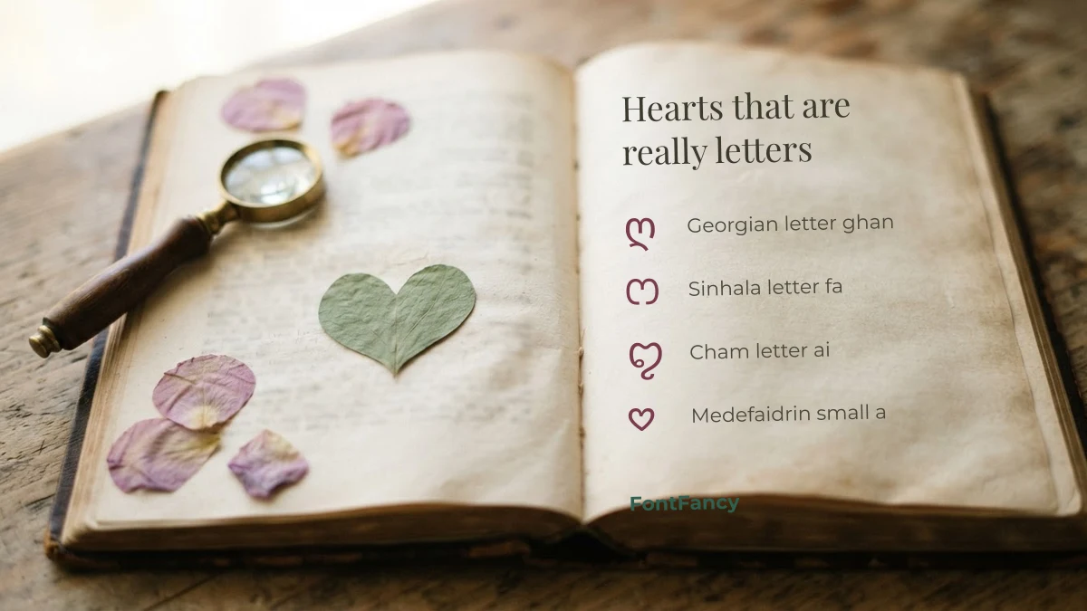 Heart-like symbols that are really letters: Georgian ghan, Sinhala fa, Cham ai and Medefaidrin a