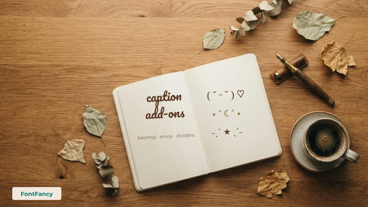 Instagram caption add-ons written in a notebook: kaomoji face, moon divider and star divider