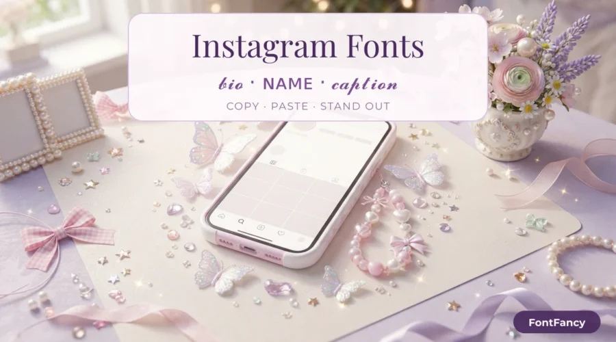 Instagram fonts banner with fancy bio, small caps name and script caption text styles
