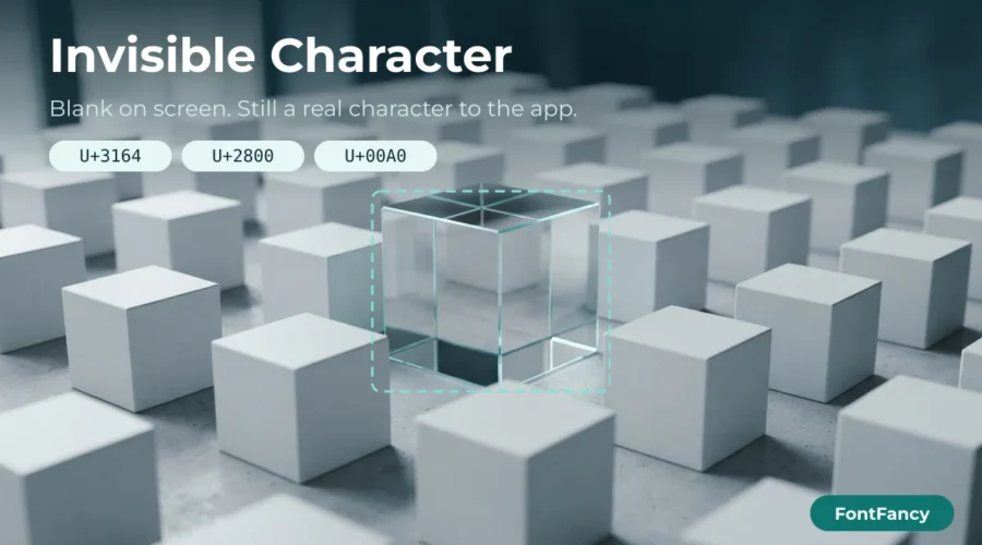 Invisible character concept: a clear glass cube among white cubes, labelled with blank character code points U+3164, U+2800 and U+00A0