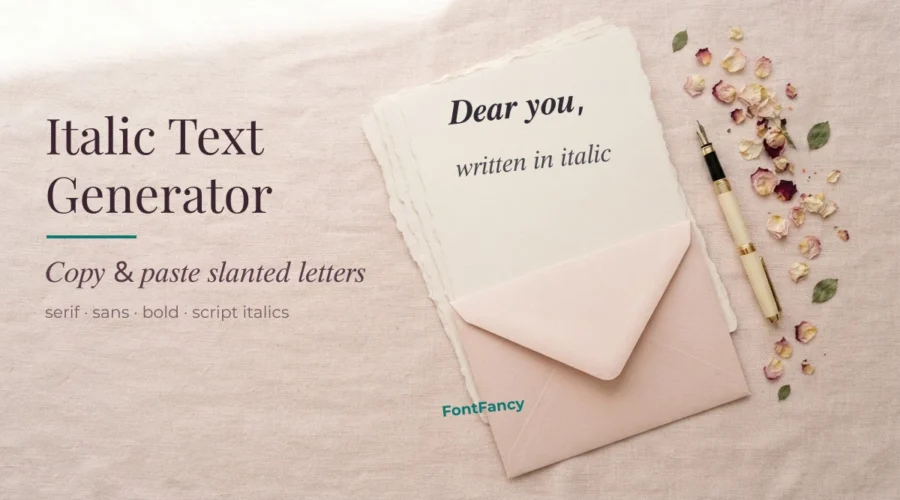 Italic text generator banner with italic serif sample lines on a letter
