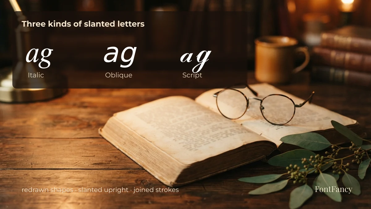 Italic, oblique and script letters compared: redrawn italic a and g, a slanted upright a and g, and joined script letters
