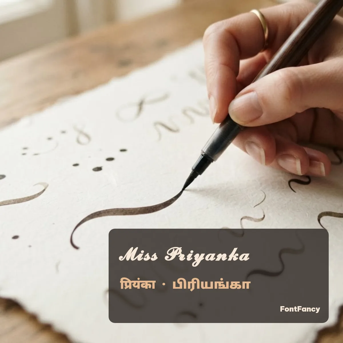 Miss Priyanka stylish name in script with the Hindi and Tamil spellings