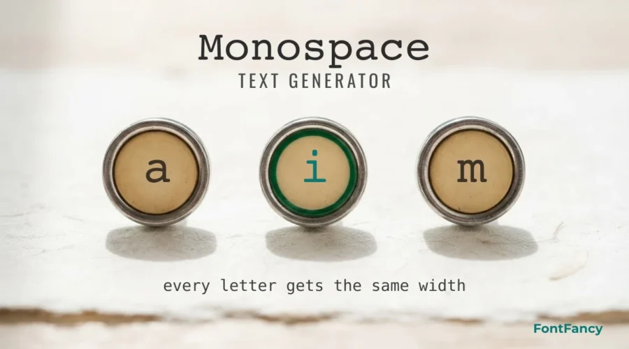 Monospace text generator banner with typewriter keys showing fixed-width letters