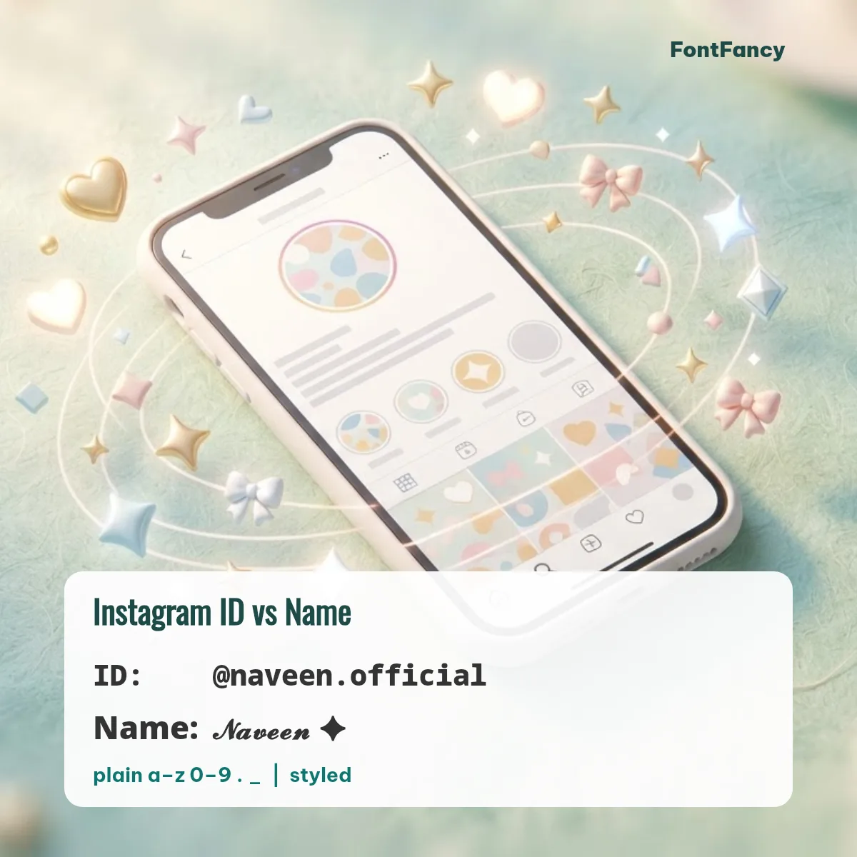 Naveen name for Instagram ID: plain @naveen.official username next to a styled Naveen display name