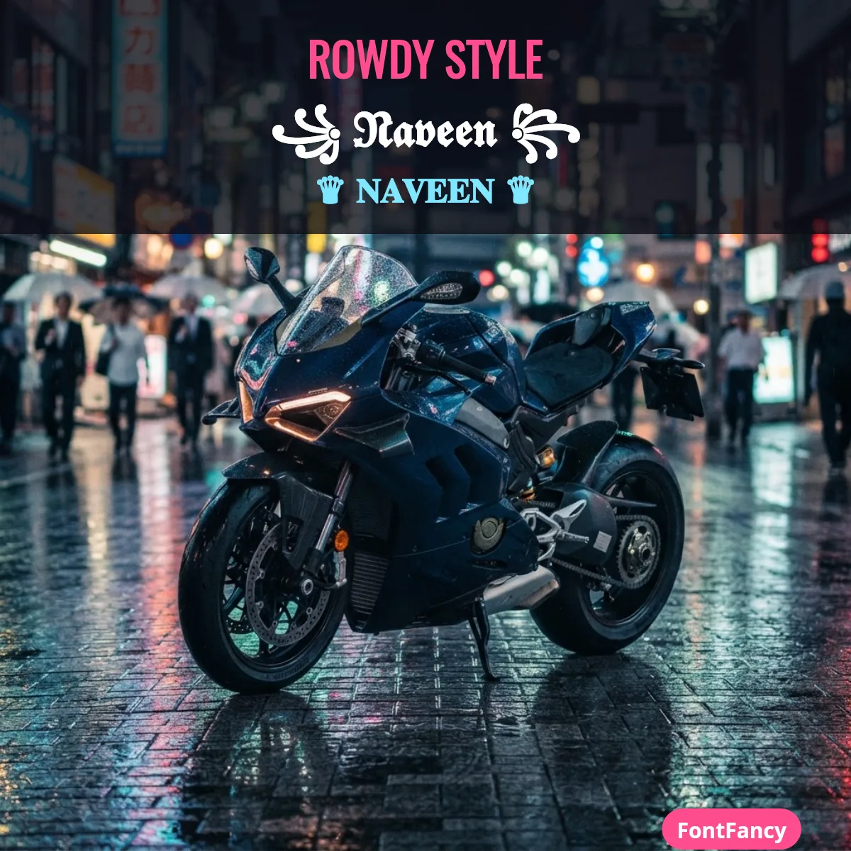 Naveen name in rowdy style with bold fraktur letters and crown frames