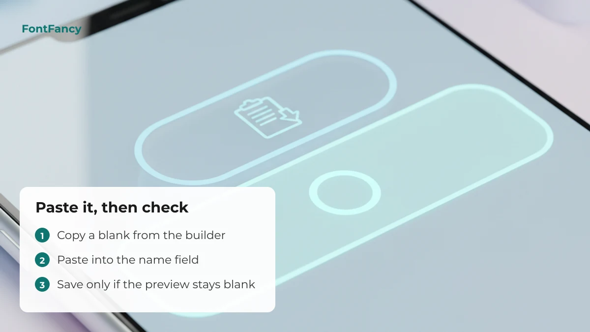 Steps to paste invisible text into a name field and check the preview before saving
