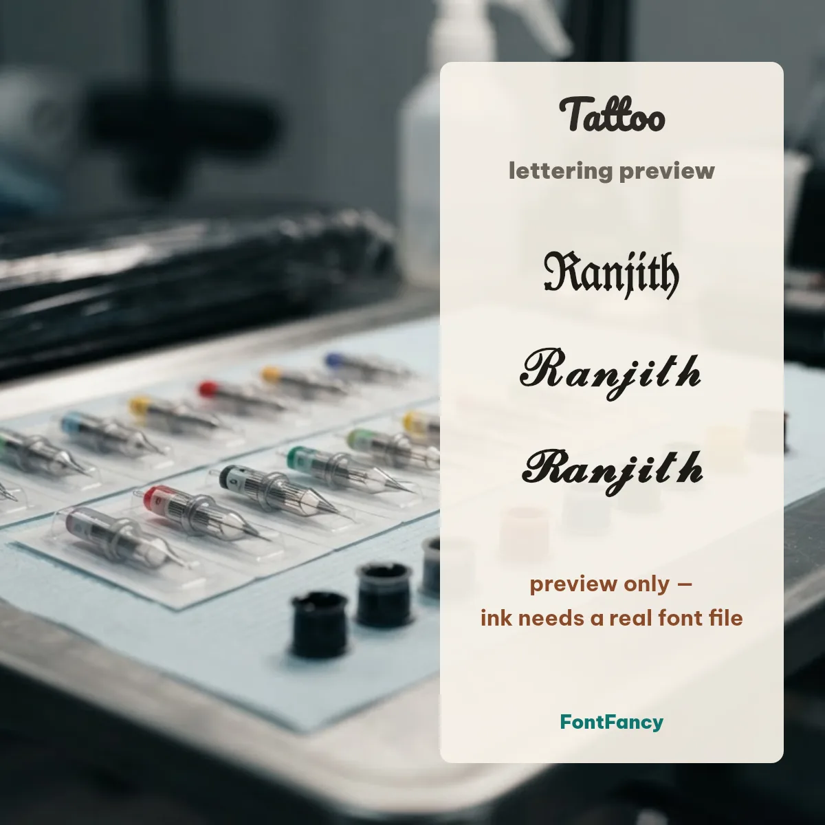 Ranjith tattoo lettering preview in fraktur and script Unicode letters
