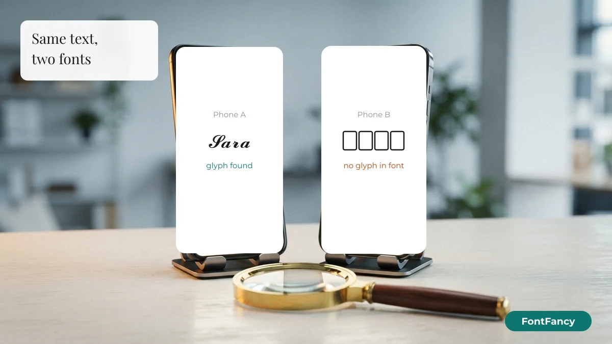The same fancy text showing correctly on one phone and as empty boxes on another