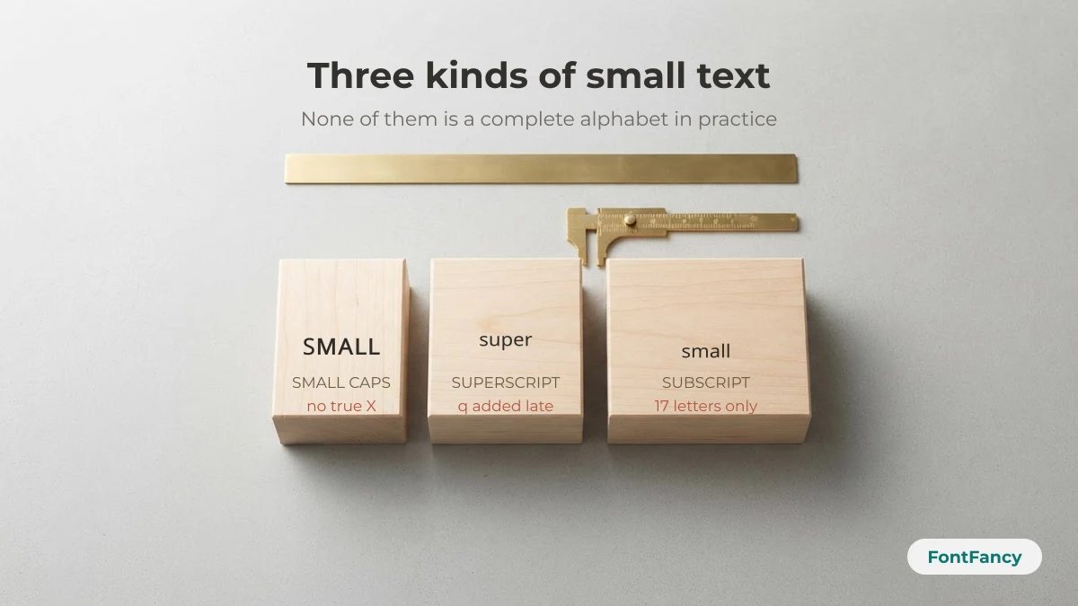 Small caps, superscript and subscript compared: no true small capital X, superscript q added late, only 17 subscript letters