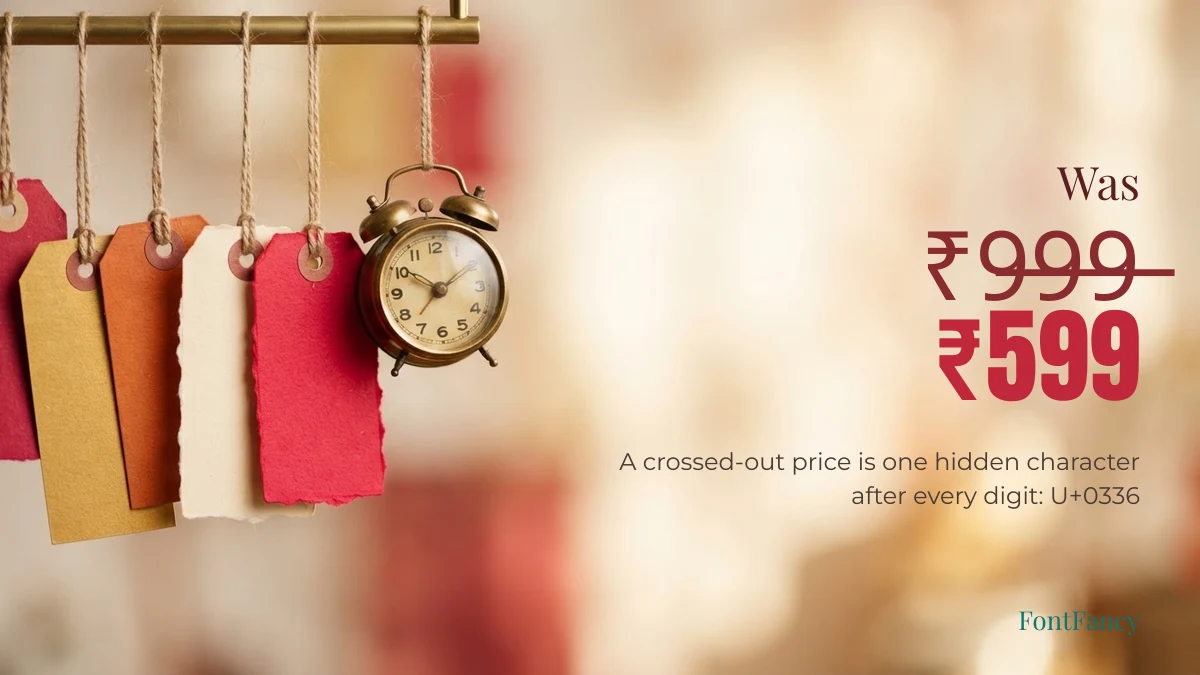 Crossed-out old price next to a new price, made with the Unicode combining long stroke overlay