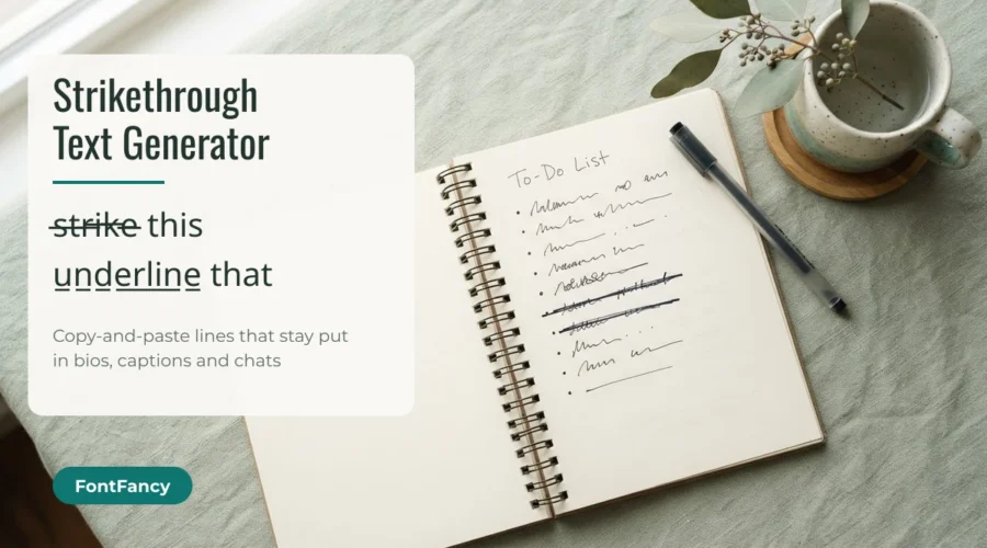 Strikethrough text generator banner showing struck-through and underlined words beside a to-do list with crossed-out items