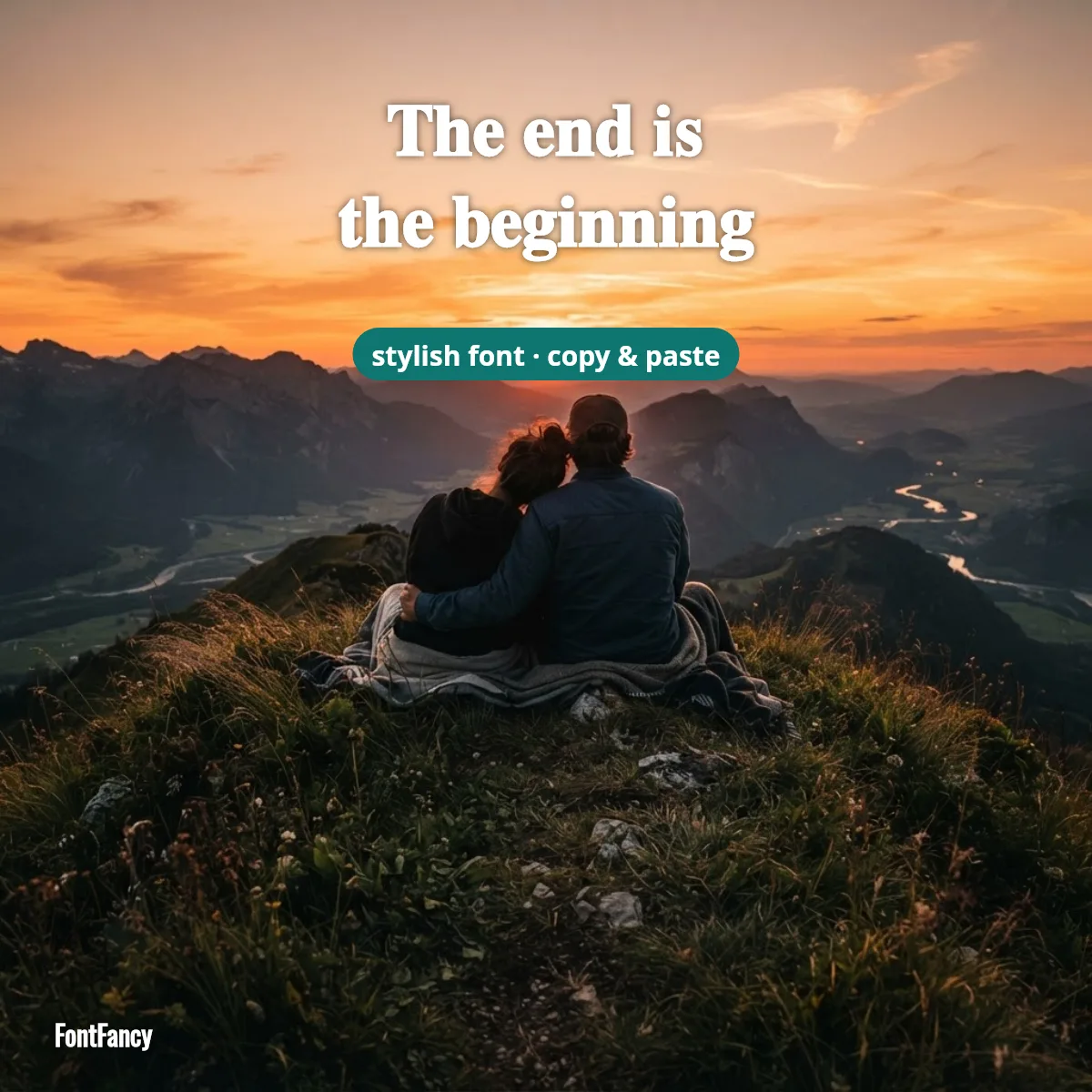 The end is the beginning in stylish bold font over a sunset