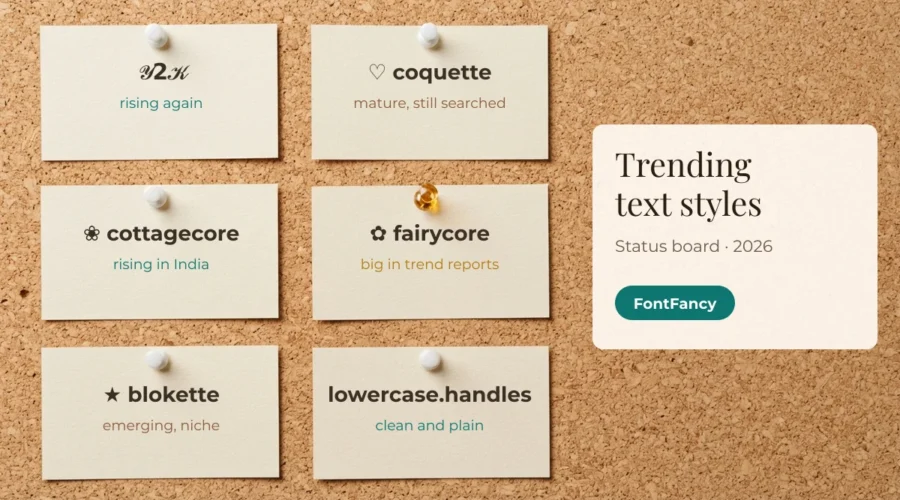 Trending text styles 2026 status board: Y2K rising again, coquette mature, cottagecore rising, fairycore, blokette and lowercase handles