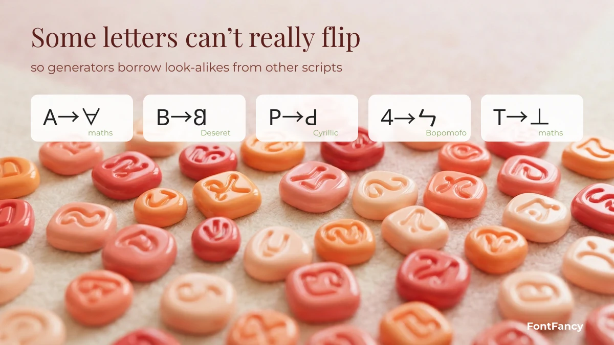 Upside down text letters that cannot truly flip, borrowed from maths, Deseret, Cyrillic and Bopomofo characters