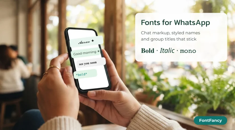 Phone showing WhatsApp-style chat bubbles with a styled profile name and native bold markup