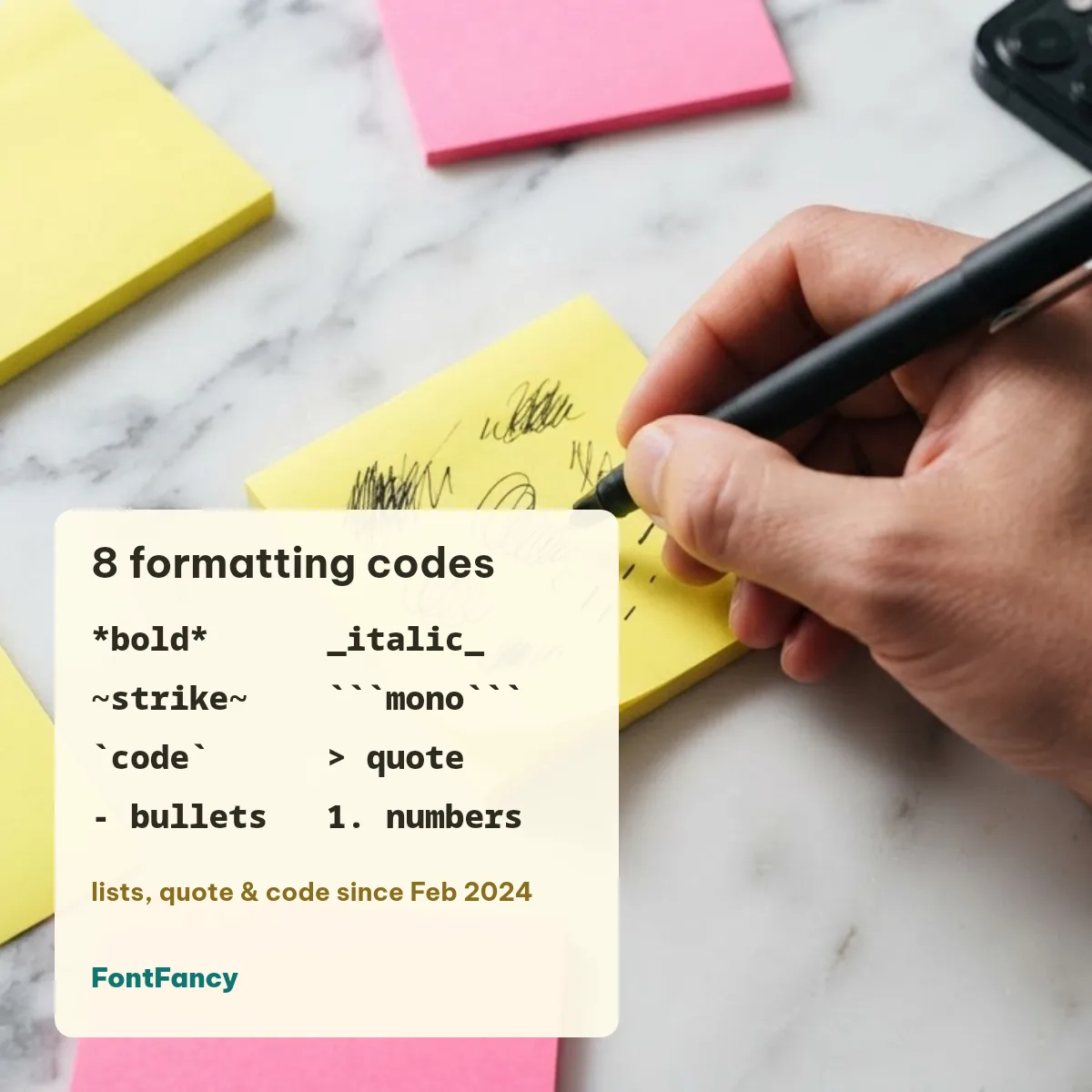 WhatsApp formatting codes cheat sheet with bold, italic, strikethrough, monospace, inline code, quote and lists