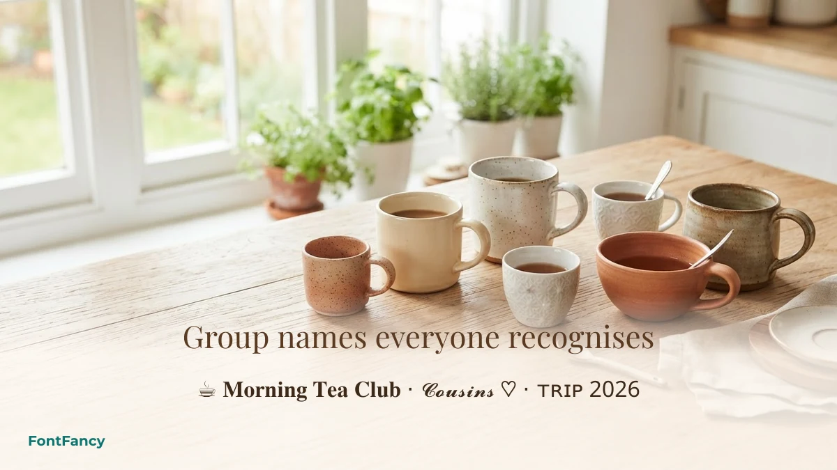 Mugs on a kitchen table with styled group chat name ideas for family and friends