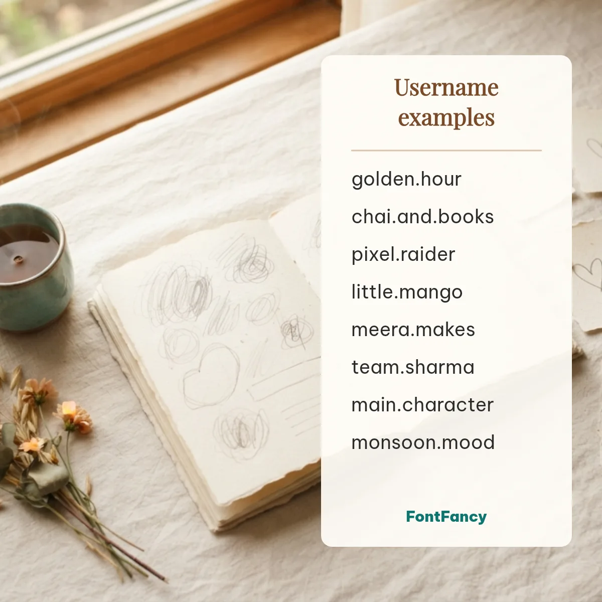 WhatsApp username examples list: golden.hour, chai.and.books, pixel.raider, meera.makes