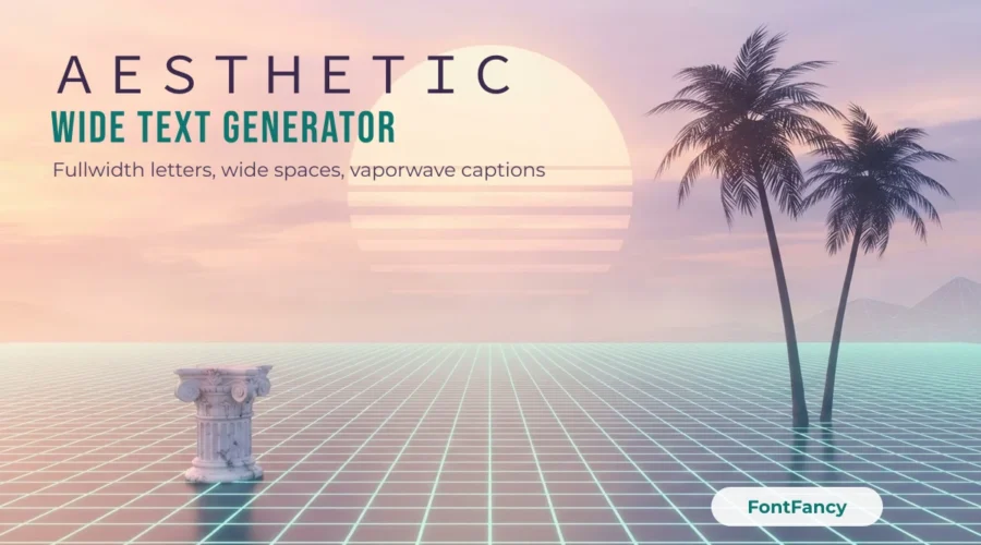 Wide text generator banner with fullwidth AESTHETIC letters over a pastel vaporwave sunset grid