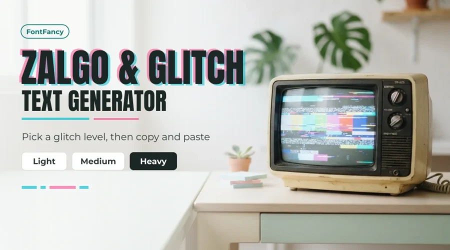 Zalgo glitch text generator banner with light, medium and heavy glitch levels beside a retro TV showing static